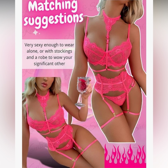 Neon Pink Lace 4 Piece Lingerie Set with Choker and Garters. - Picture 4 of 7